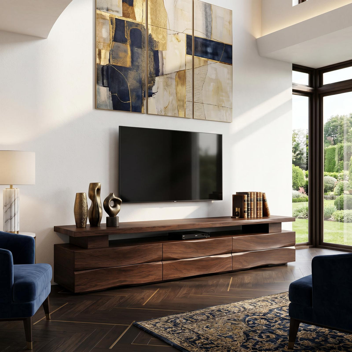 Rustic TV Cabinet with Wave Front Drawers & Open Storage Shelf, Solid Wood Media Entertainment Stand