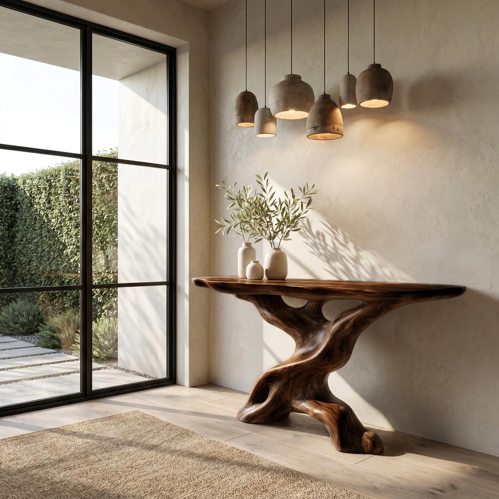 Live Edge Console Table with Sculptural Wood Base, Solid Wood Sofa Accent Table for Living Room