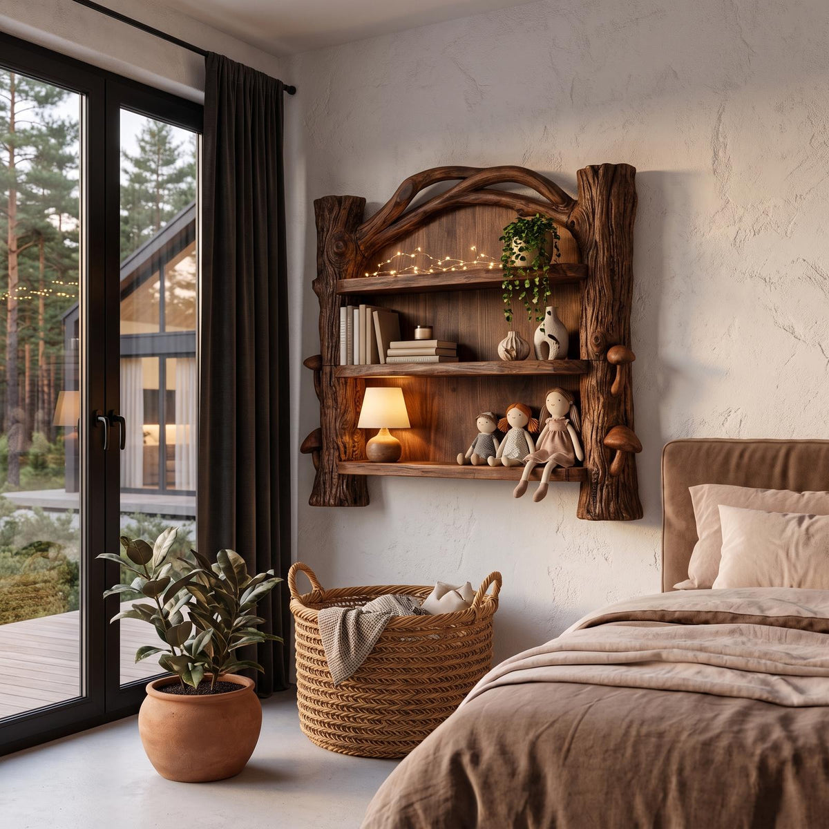 Sculptural Wall Bookshelf Handcrafted Organic Wood Shelves For Living Room