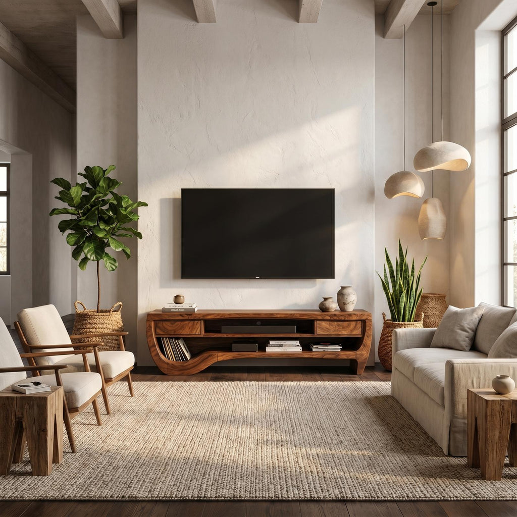 Organic TV Cabinet with Open Storage & Sculptural Curved Wood Design, Solid Wood Media Console TV Stand
