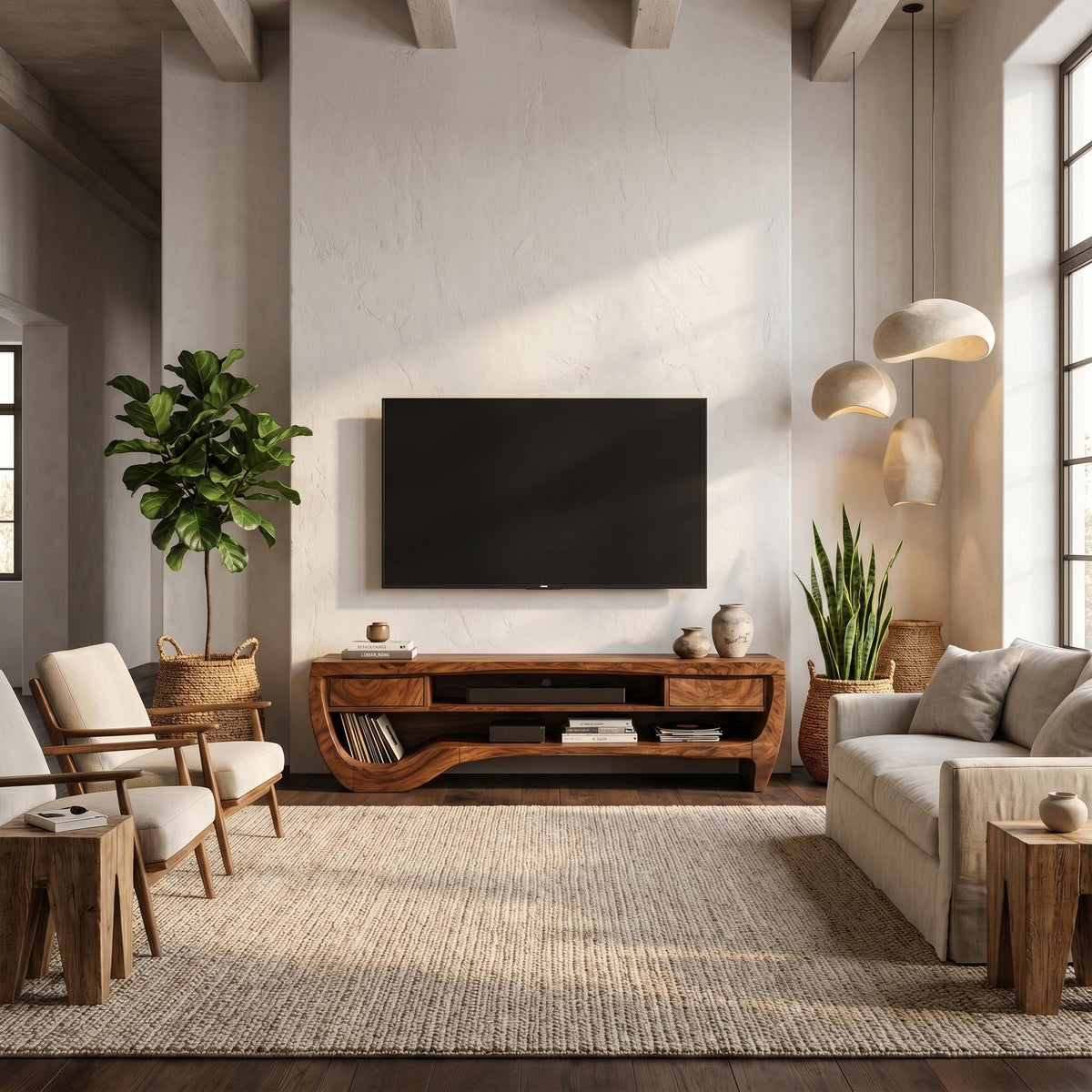 Organic TV Cabinet with Open Storage & Sculptural Curved Wood Design, Solid Wood Media Console TV Stand