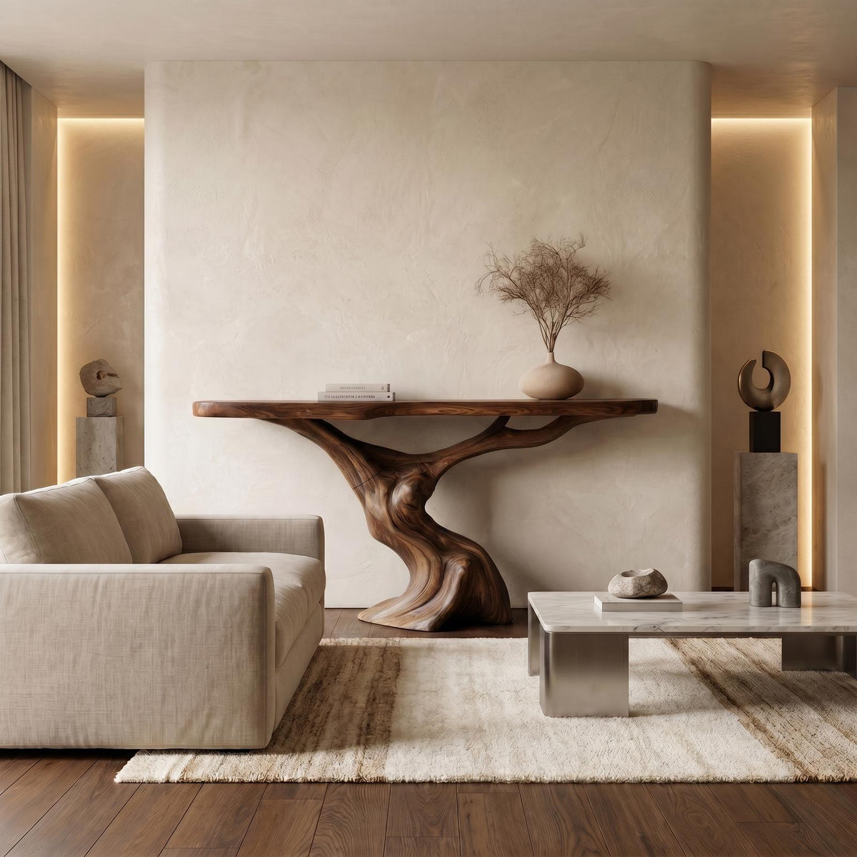 Rustic Organic Console Table, Sculptural Tree Wood Base Sofa Table for Entryway & Living Room