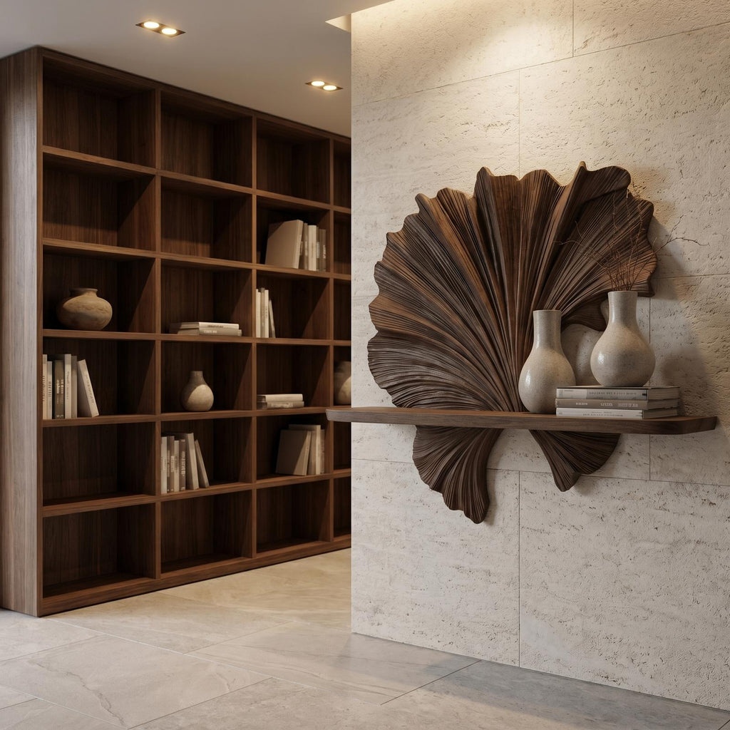 Carved Fan Shape Floating Wall Shelf, Handcrafted Solid Wood Decorative Display Ledge for Living Room