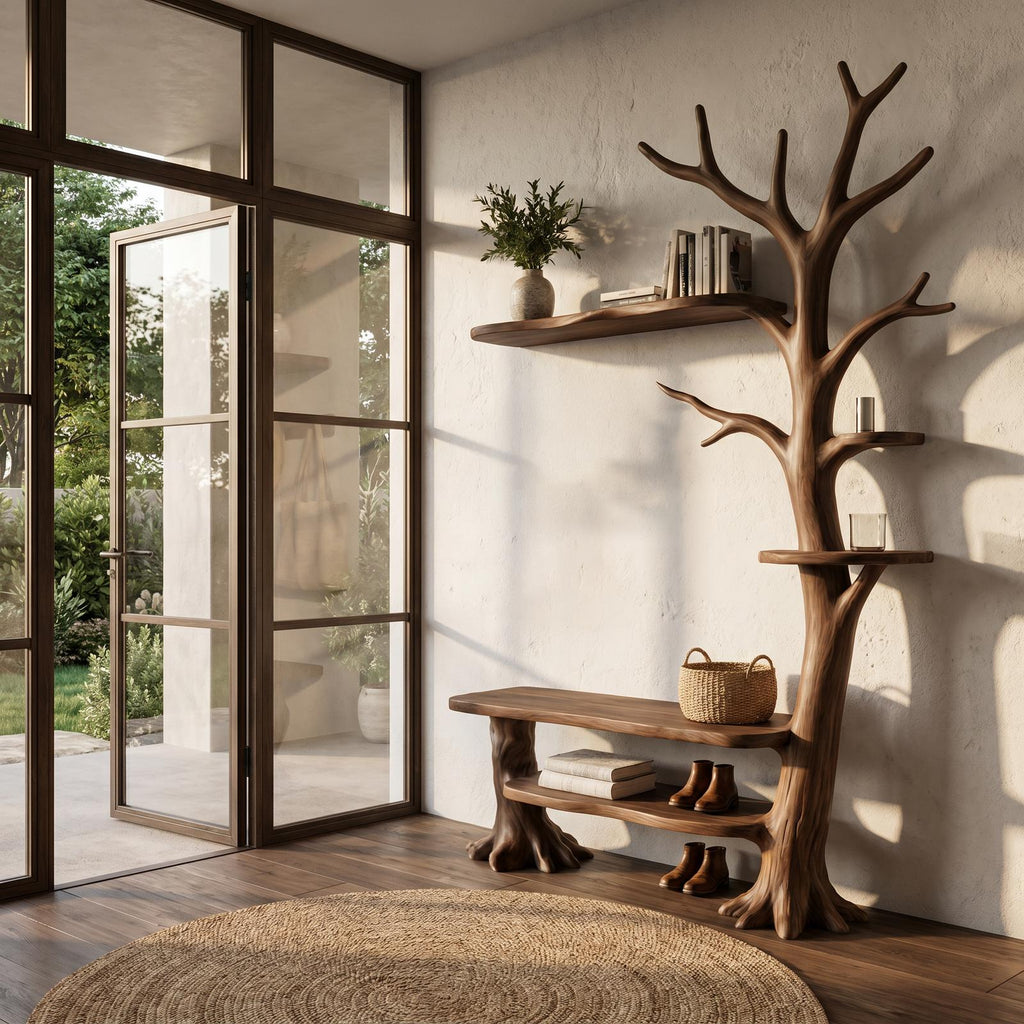 Rustic Tree Coat Rack with Integrated Bench and Floating Shelves, Wood Entryway Hall Tree