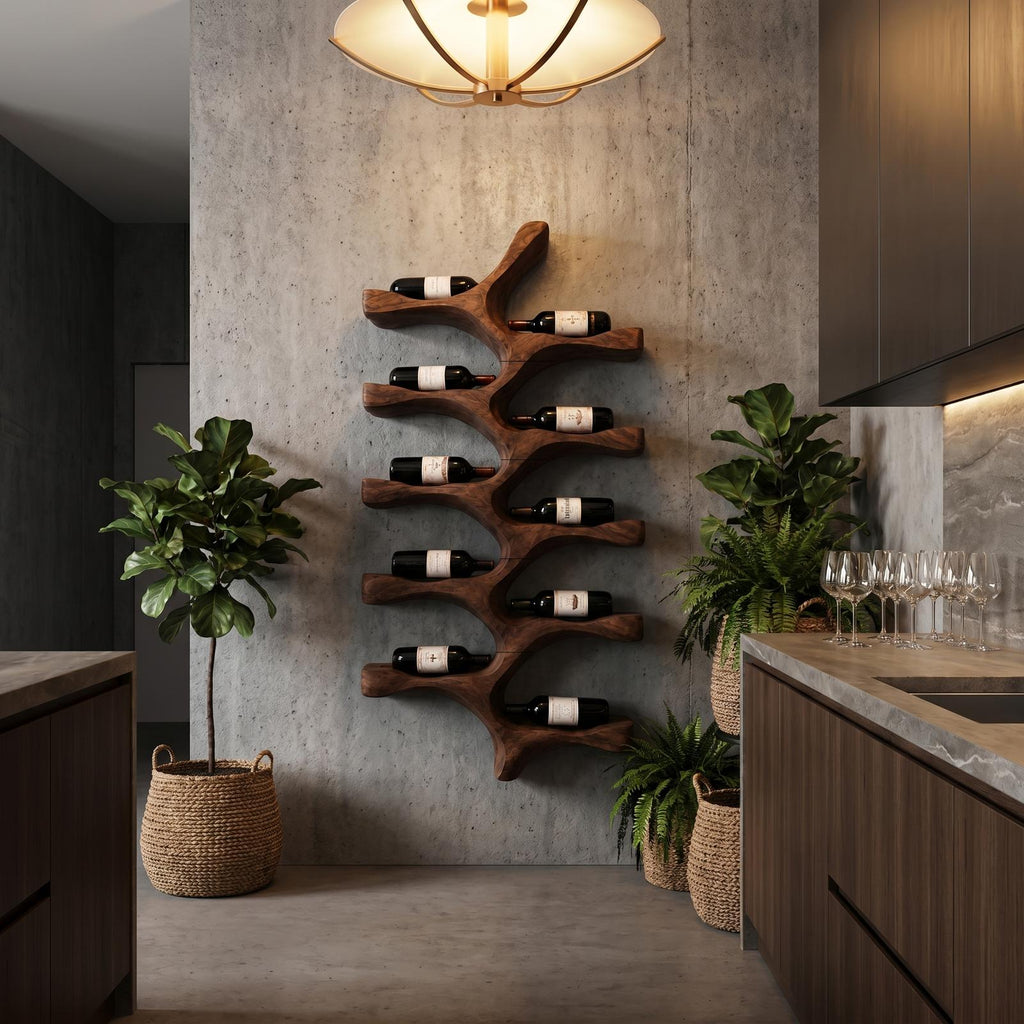 Organic Wall Mounted Wine Rack with Tree Branch Bottle Holders, Handcrafted Wood Wine Rack for Kitchen