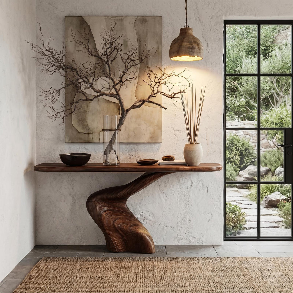 Organic Console Table with Sculptural Twisted Solid Wood Base for Entryway, Foyer & Living Room Accent, Natural