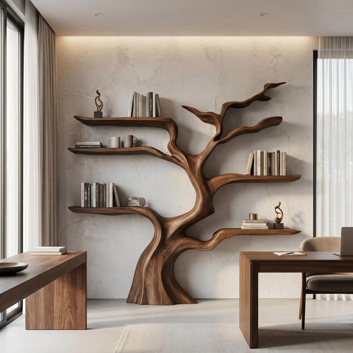 Nature-Inspired Tree Bookshelf, Floating Wooden Shelves, Tree-Shaped Bookcase for Wall