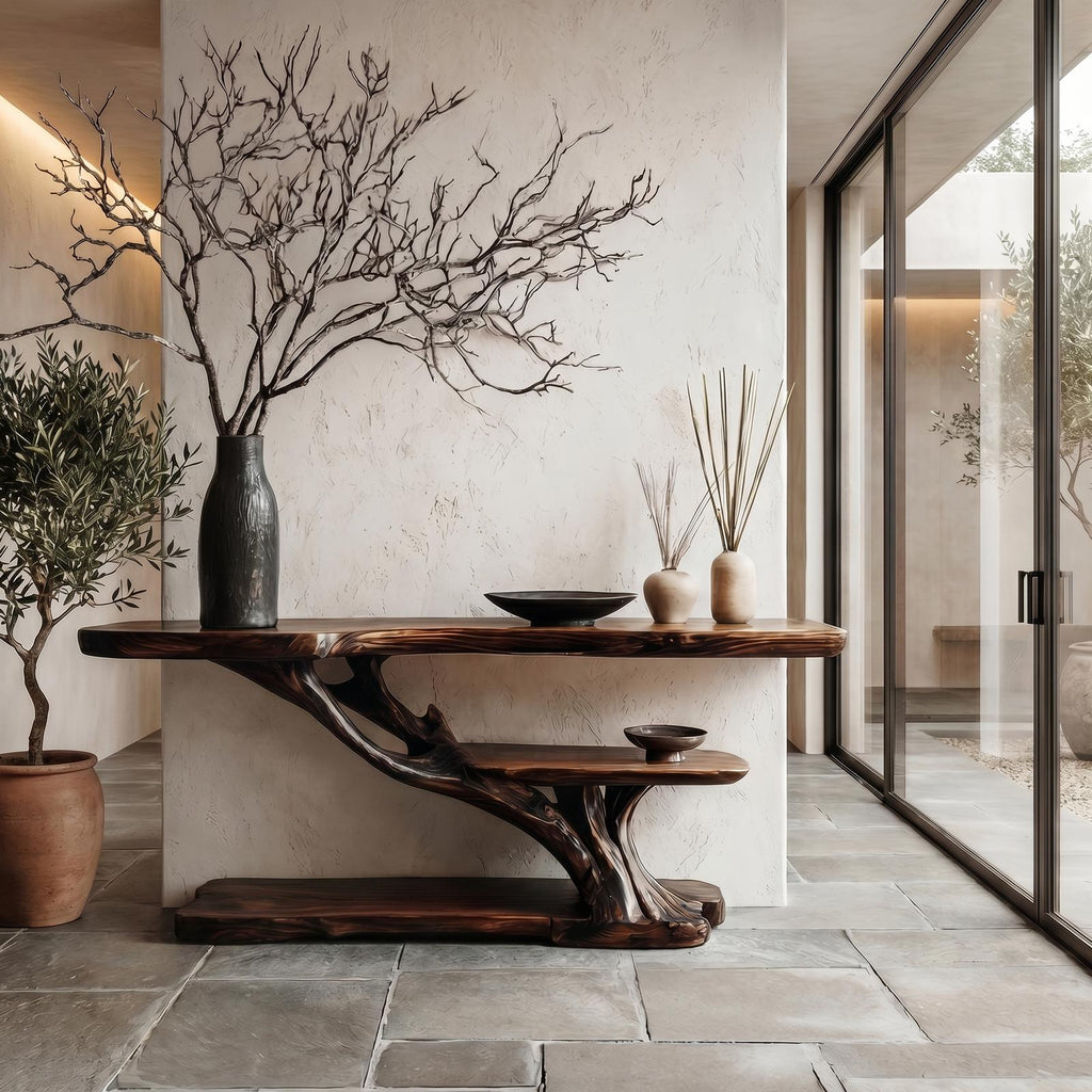 Organic Sculptural Console Table with Handcrafted Solid Wood Base for Entryway, Hallway, & Living Room Accent