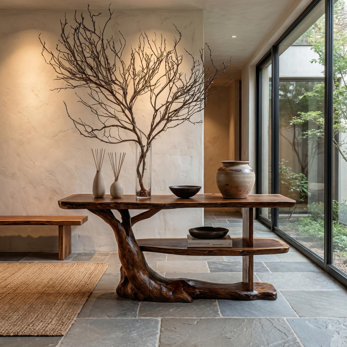Modern Console Table with Flowing Wood Pedestal Base, Organic Wood Foyer Table for Entryway & Living Room