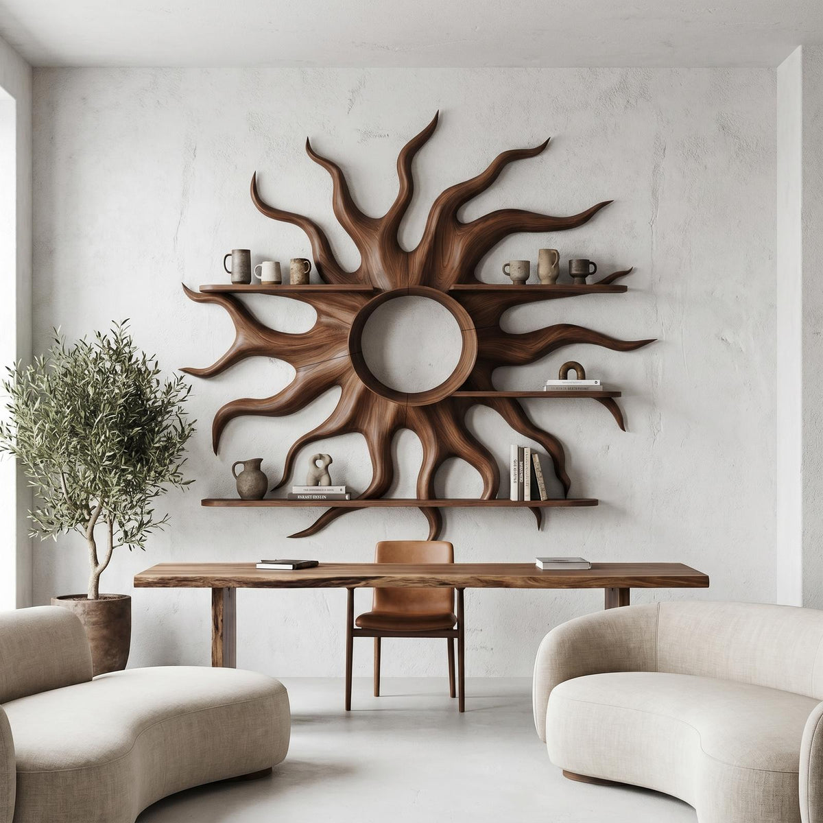 Sculptural Sun Wall Shelf, Floating Wooden Display Rack & Sunburst Wall Art Decor