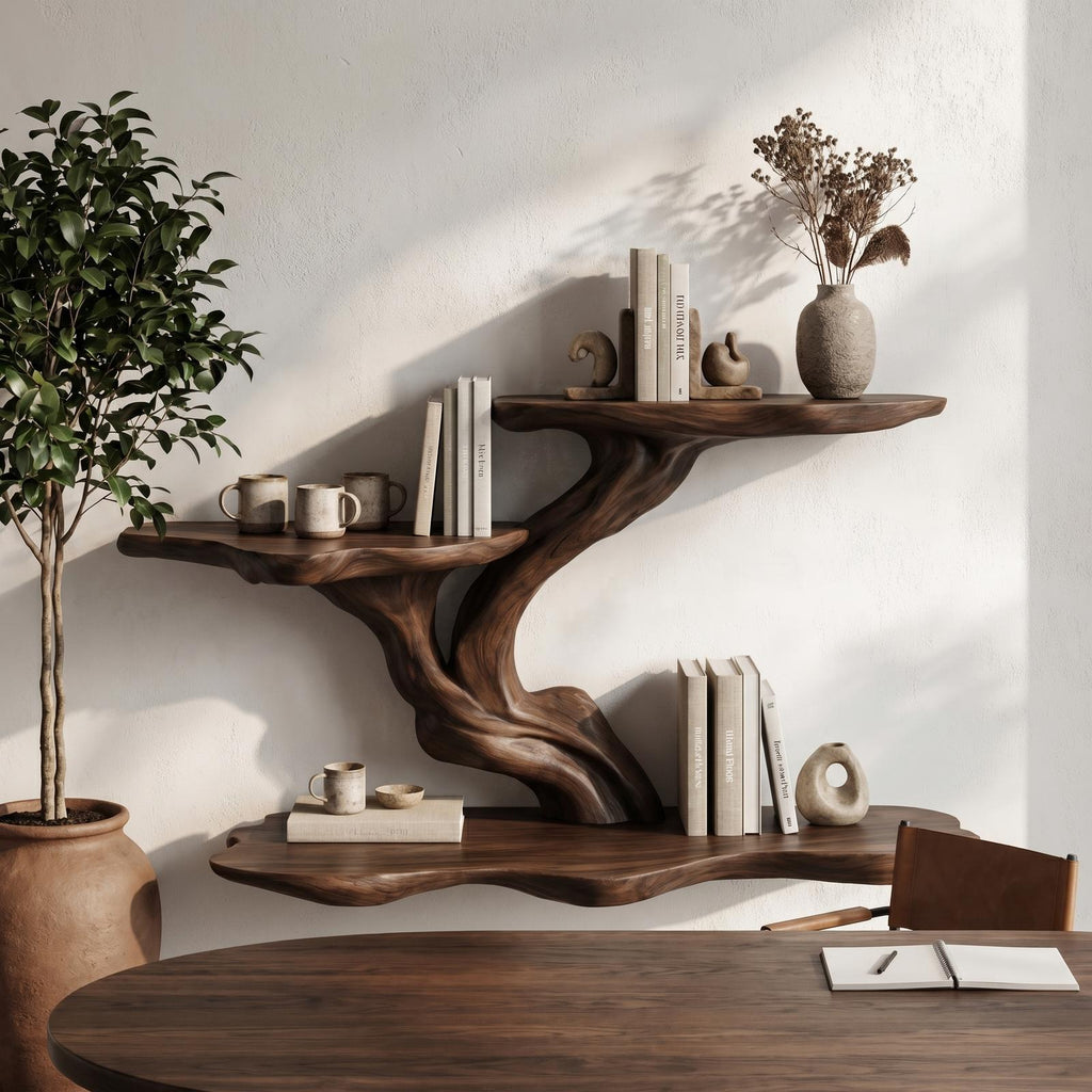 Organic Tree Branch Floating Shelf, Sculptural Wall Storage Solid Wood Ledge