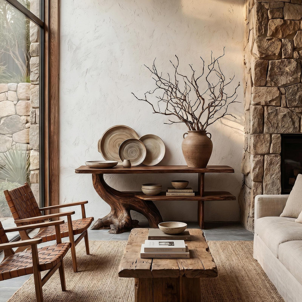 Organic Wood Console Table with Sculptural Tree Branch Base, Rustic Entryway & Living Room Accent Foyer Table
