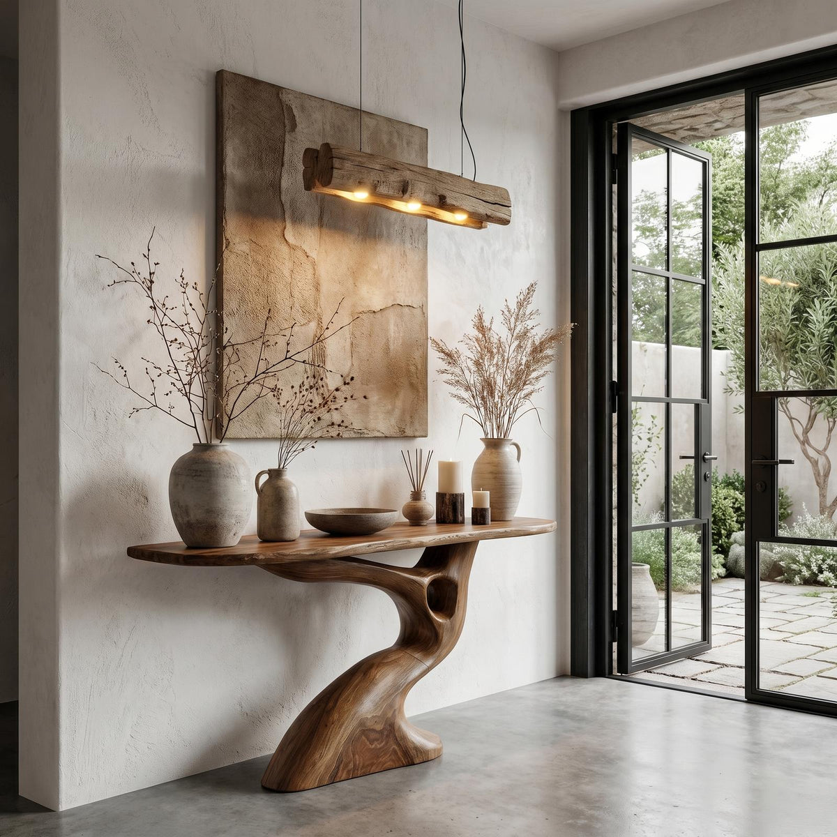Tree-Inspired Console Table with Sculptural Wood Structure, Handcrafted Solid Wood Live Edge Entryway & Foyer Table