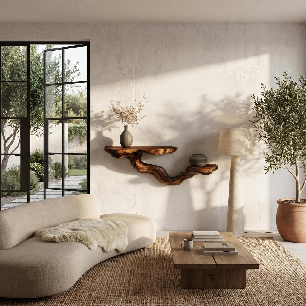 Rustic Floating Shelf with Sculptural Tree Branch Form, Wall Mounted Wood Organizer