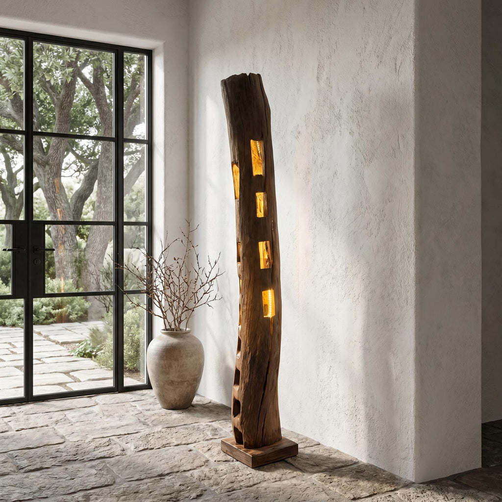 Rustic Wooden Floor Lamp with Natural Hollow Log Design, Tree Trunk Standing Lighting for Living Room & Bedroom