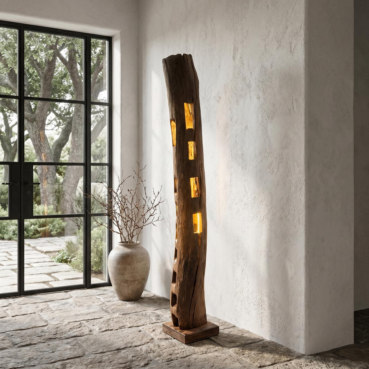 Rustic Wooden Floor Lamp with Natural Hollow Log Design, Tree Trunk Standing Lighting for Living Room & Bedroom