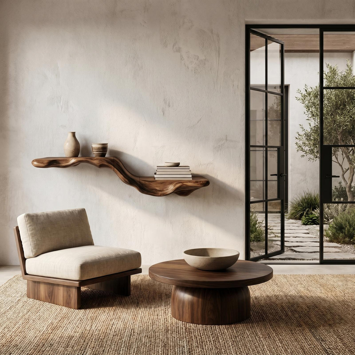 Organic Floating Shelf with Flowing Tree Branch Design, Wall Mounted Wood Display Shelf