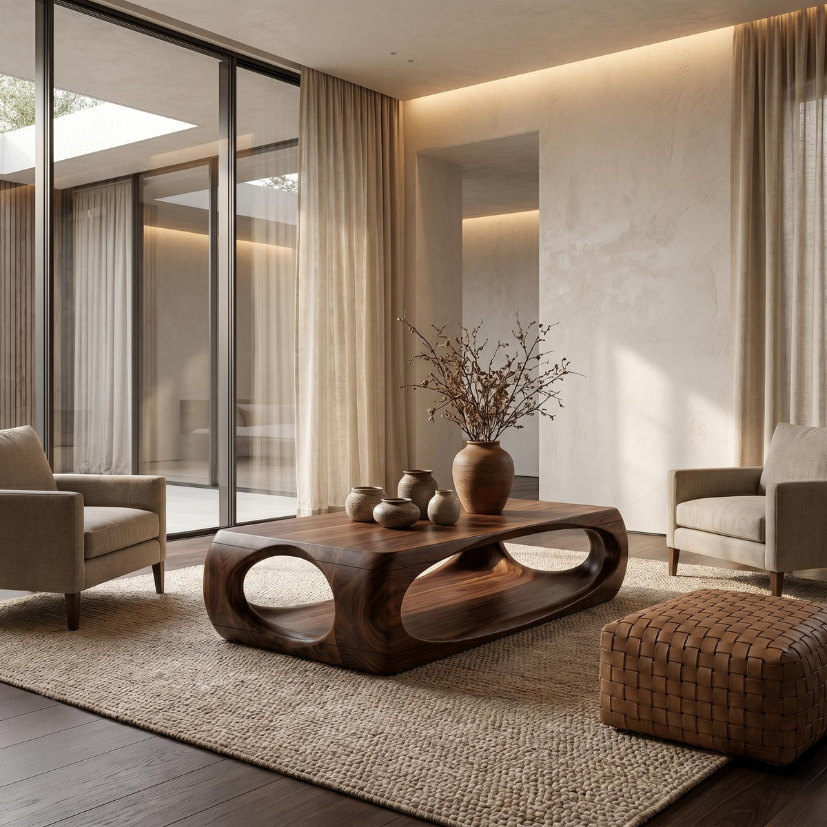 Nature Inspired Coffee Table with Flowing Open Form Base, Handcrafted Organic Solid Wood Center Table, Model
