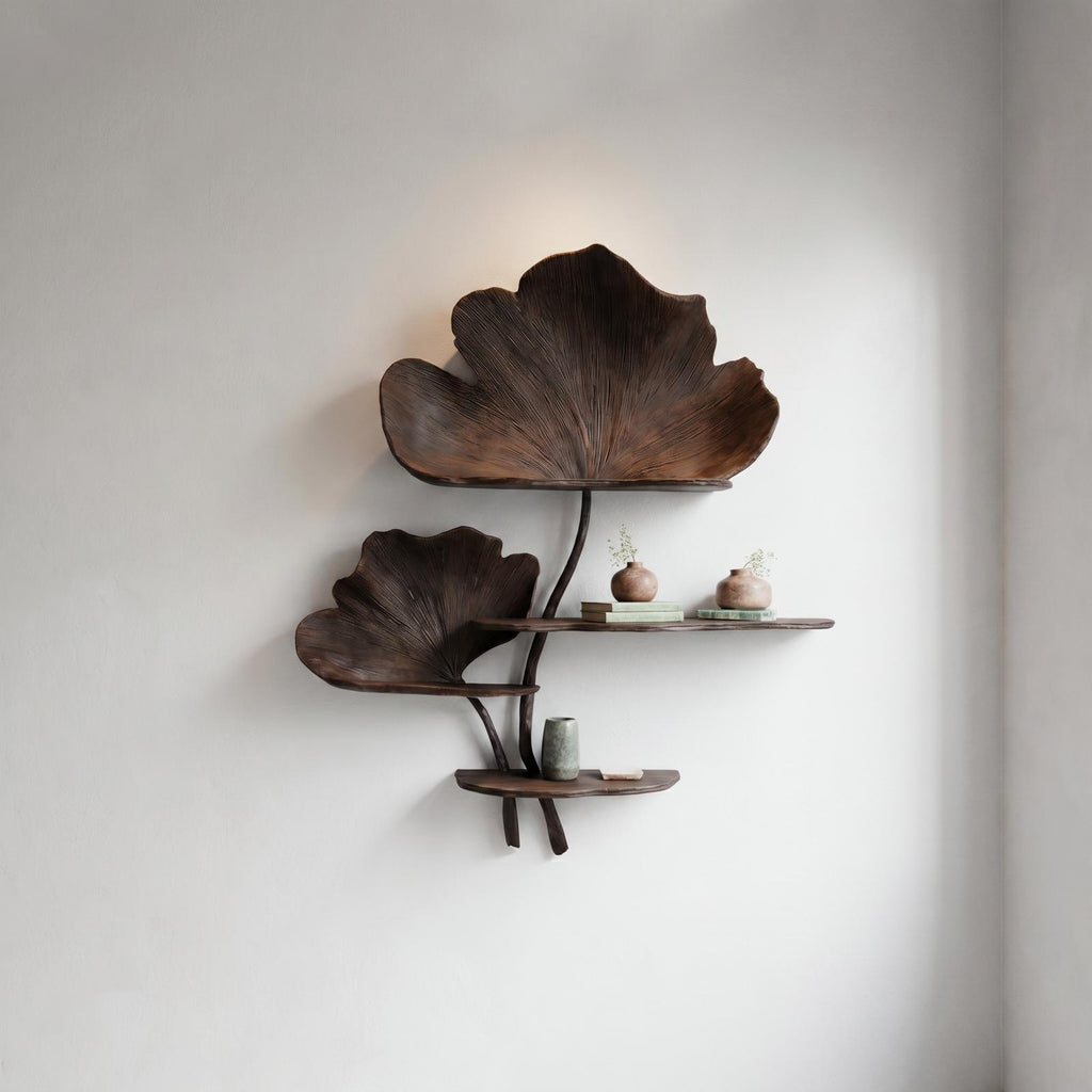 Organic Tree Wall Shelf, Leaf Shape Design Floating Solid Wood Display Rack for Bedroom Living Room