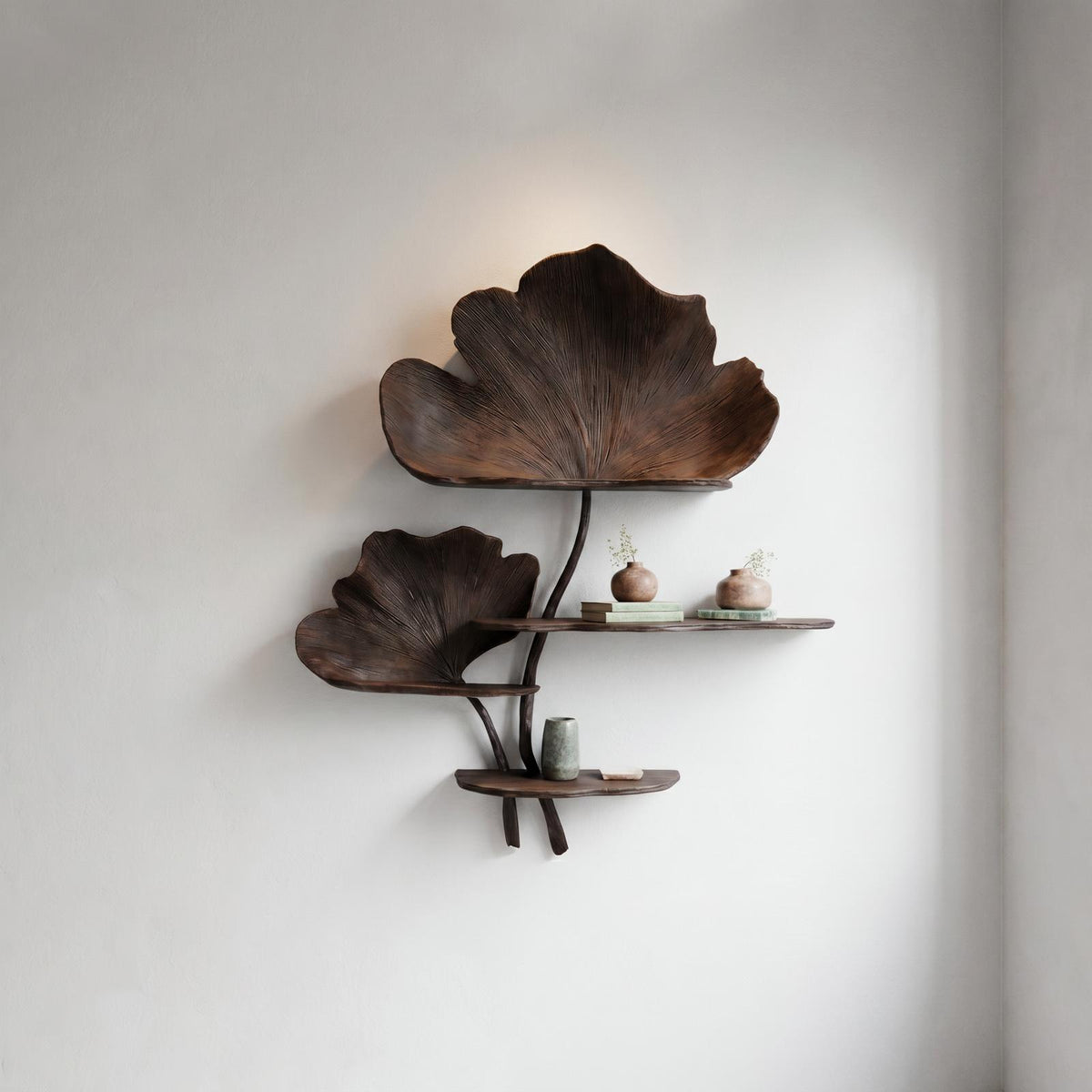 Organic Tree Wall Shelf, Leaf Shape Design Floating Solid Wood Display Rack for Bedroom Living Room