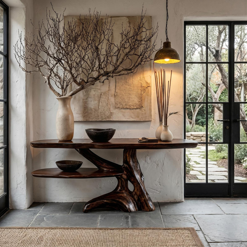 Contemporary Console Table with Sculptural Solid Wood Root Design, Handcrafted Live Edge Entryway & Hallway Table