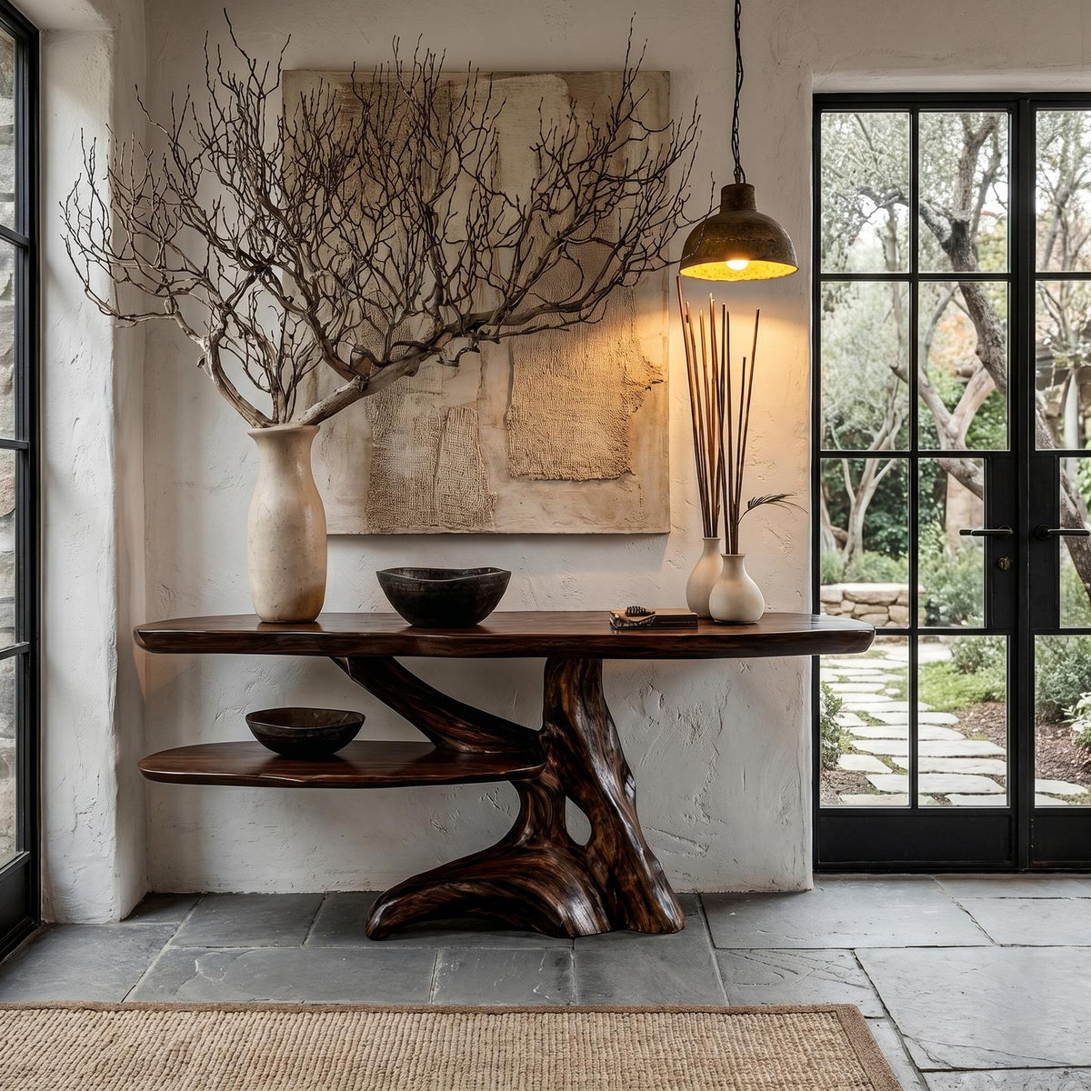 Contemporary Console Table with Sculptural Solid Wood Root Design, Handcrafted Live Edge Entryway & Hallway Table