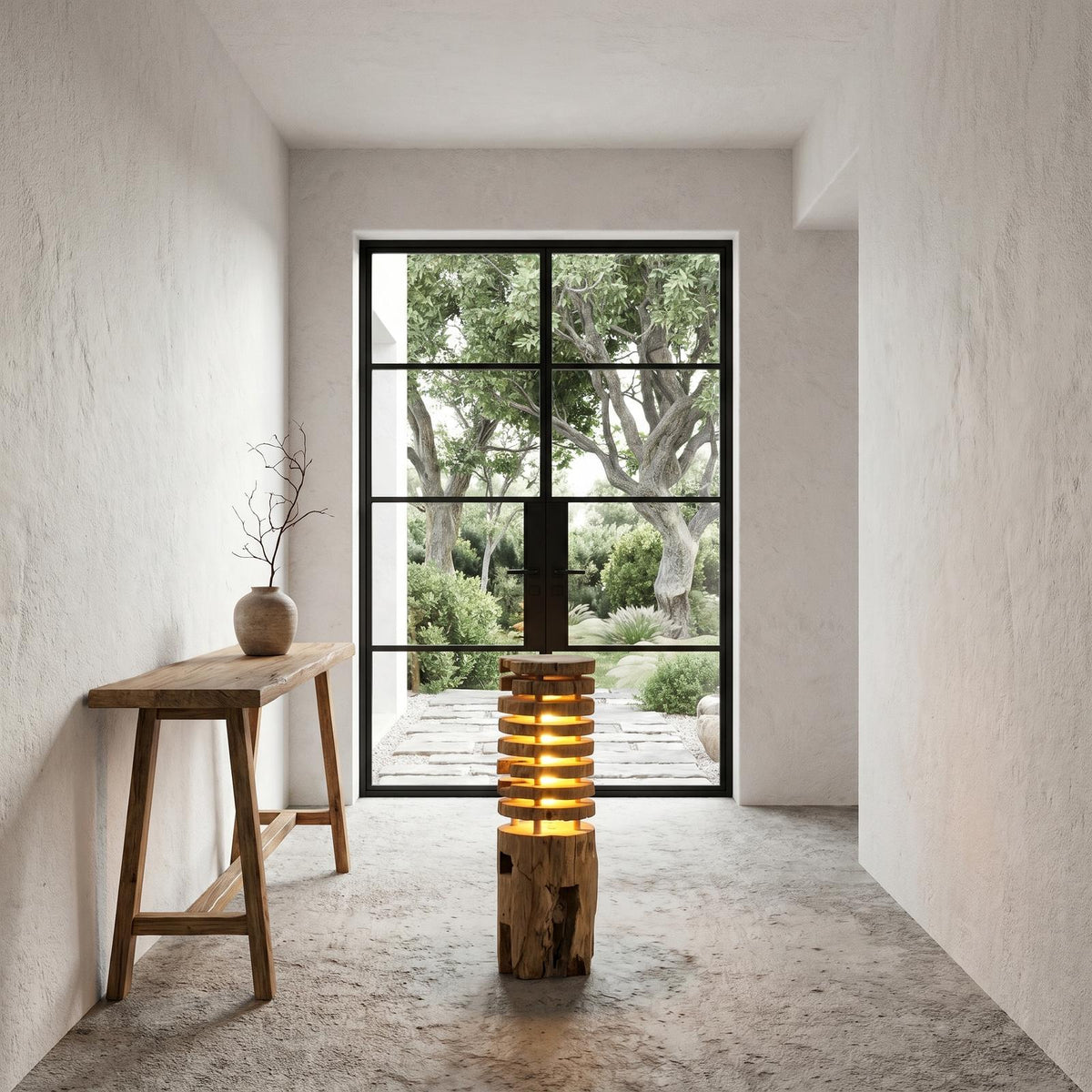 Rustic Log Floor Lamp with Sculptural Wooden Base, Natural Tree Trunk Standing Light for Living Room & Bedroom