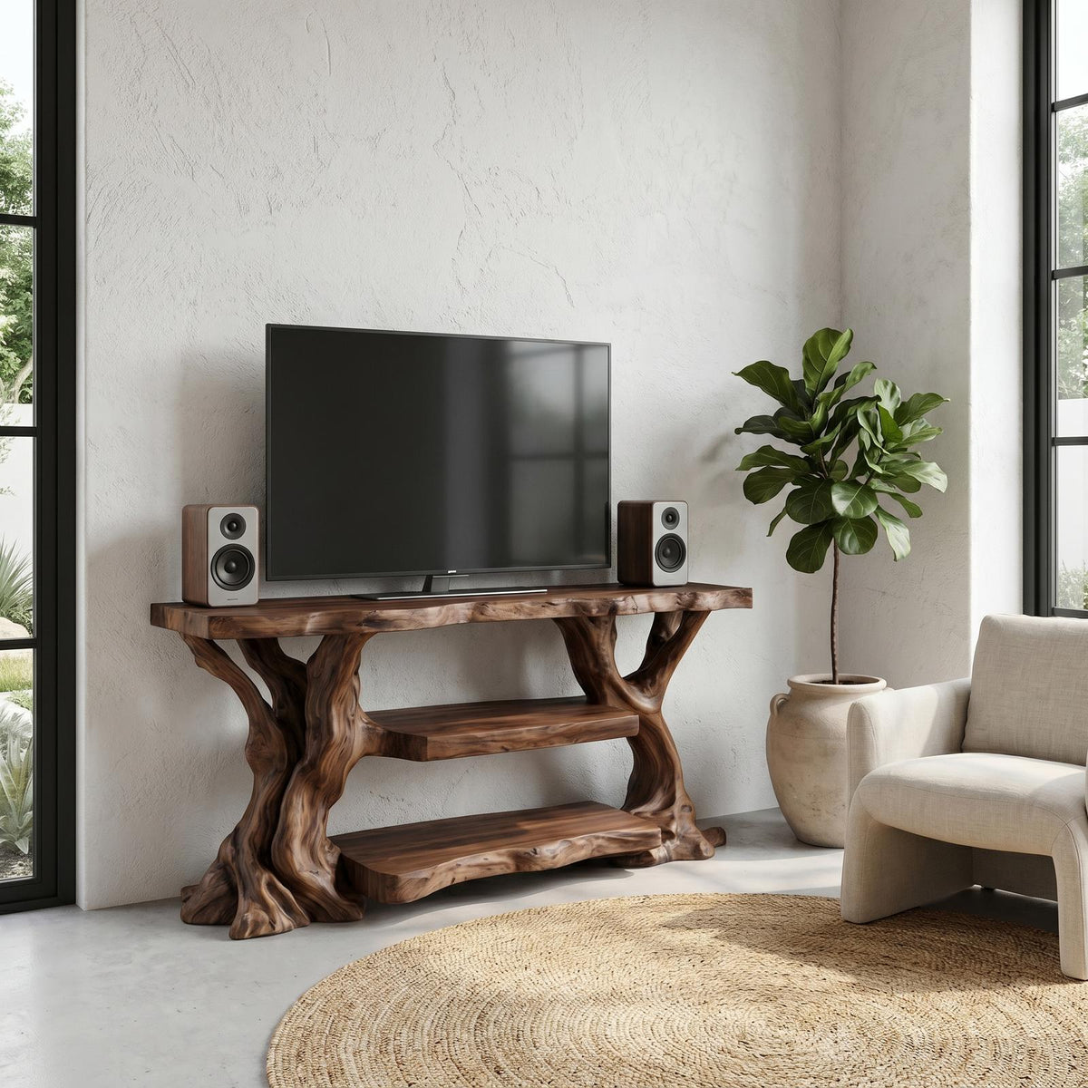 Rustic TV Stand with Natural Wood Sculptural Frame, Solid Wood Media Console Table