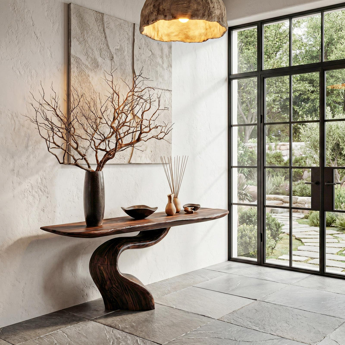 Organic Modern Console Table with Artistic Tree Root Base, Handcrafted Live Edge Entryway & Foyer Table