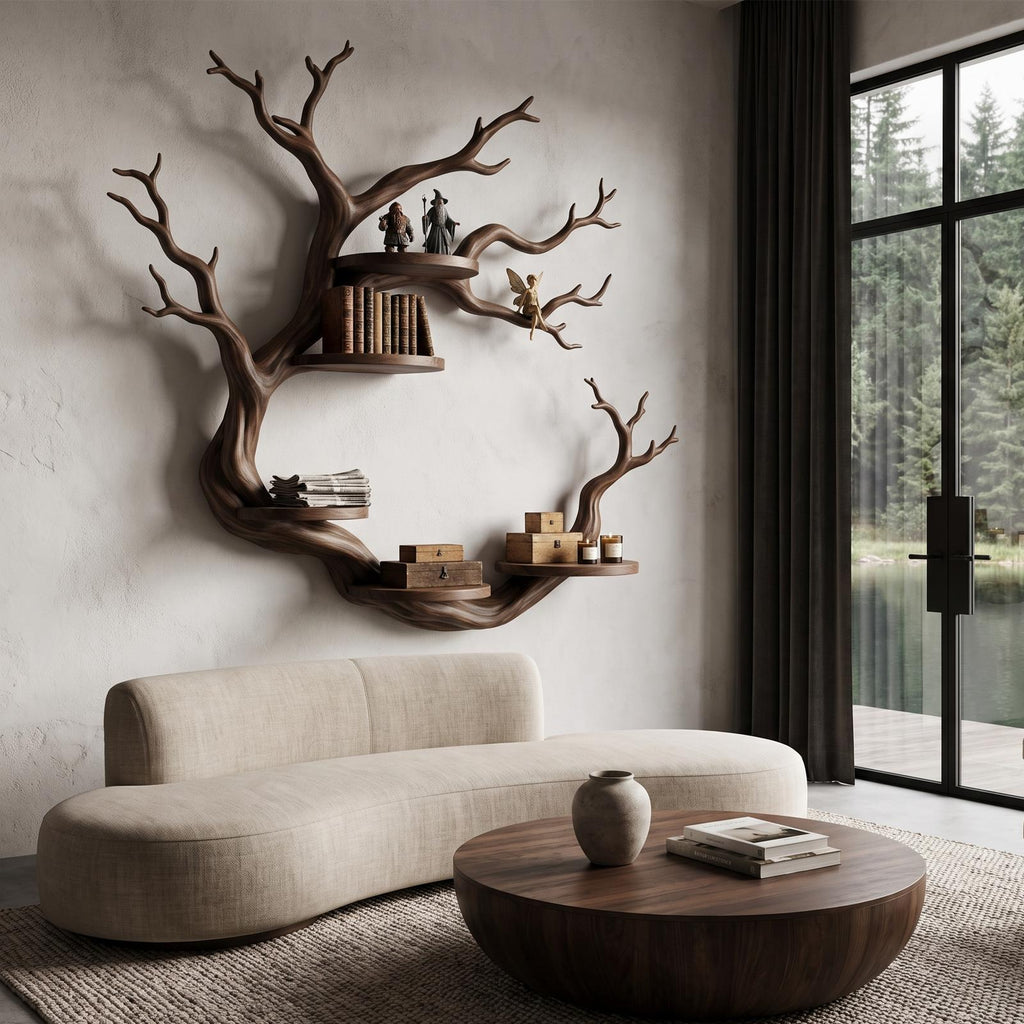 Rustic Tree Bookshelf With Sculptural Circular Branch Design For Living Room
