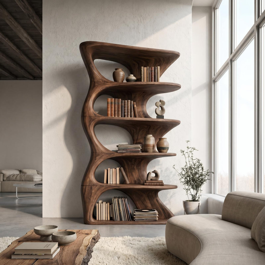 Organic Sculptural Wall Mounted Bookshelf with Curved Floating Wood Shelves, Decorative Wall Hanging Bookcase