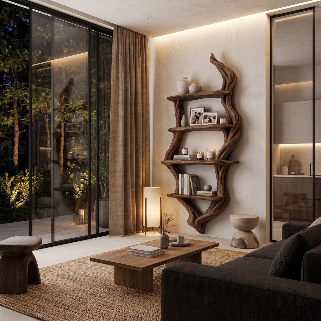 Rustic Wall Bookshelf Handcrafted Tree Branch Design For Living Room