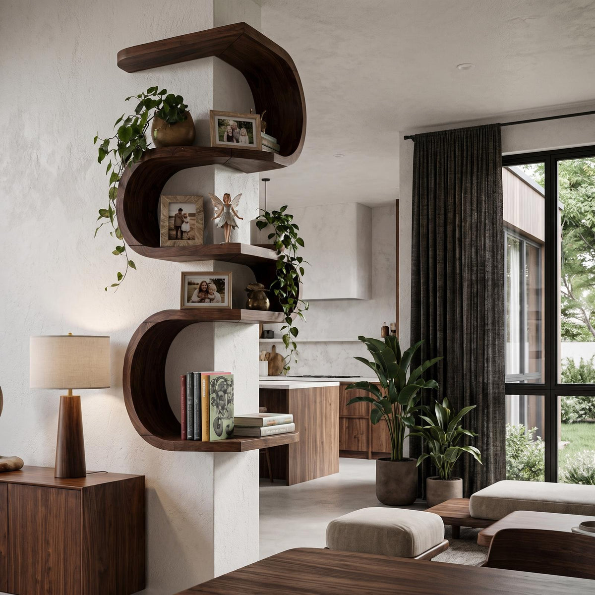 Sculptural Corner Wall Bookshelf Handcrafted Curved Design For Living Room