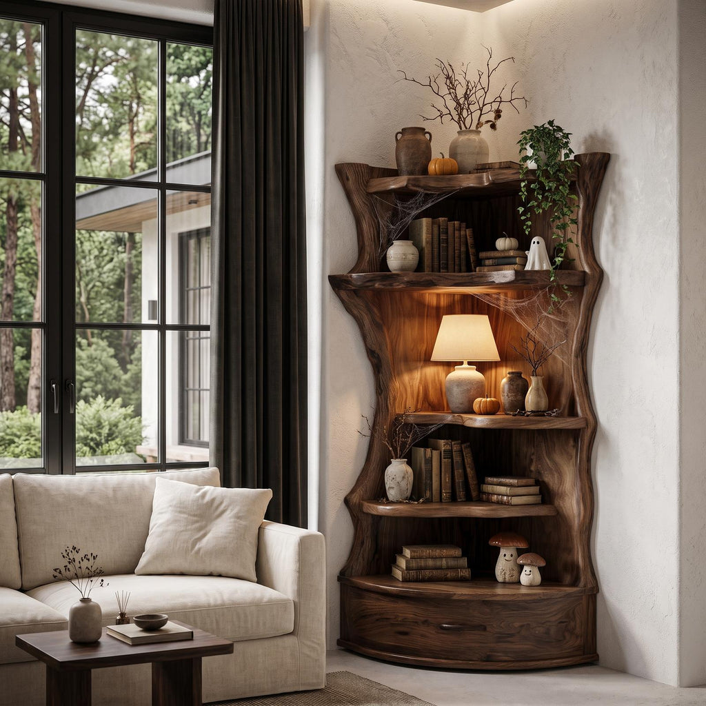 Mid Century Corner Shelf Unit With Curved Storage Base For Living Room