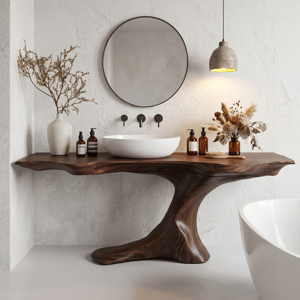 Rustic Organic Bathroom Vanity with Live Edge Countertop & Sculptural Tree Root Base, Wooden Sink Cabinet