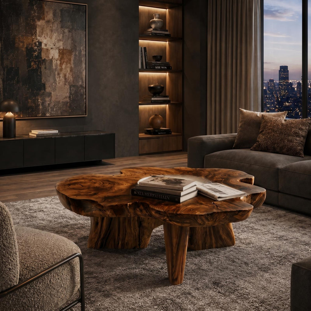 Organic Coffee Table with Sculptural Solid Wood Base, Modern Rustic Center Table for Living Room