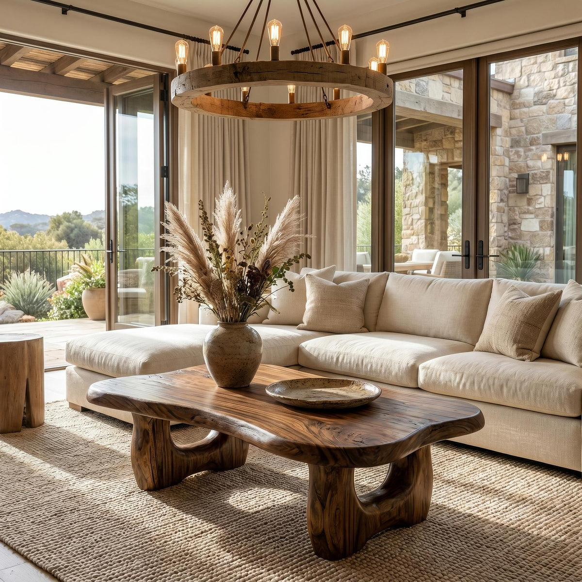 Rustic Wooden Coffee Table, Natural Live Edge Statement Center Table for Living Room