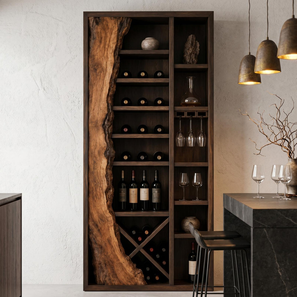 Rustic Wood Wine Cabinet, Live Edge Inlay & Built-In Bottle Storage Bar Credenza for Dining Room