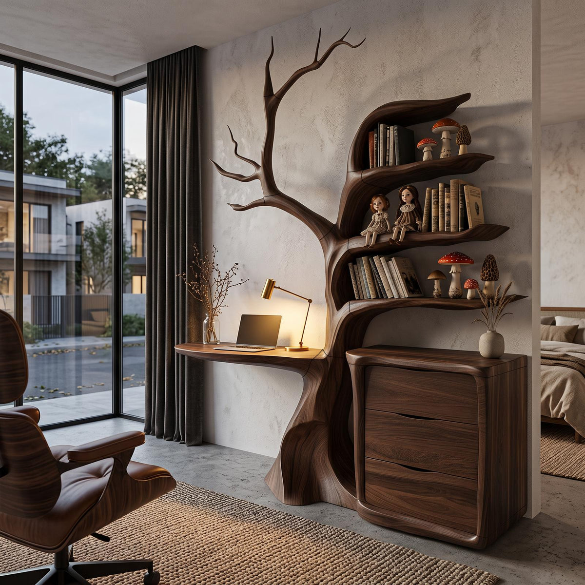 Natural Floating Desk With Sculptural Tree Bookshelf For Home Office