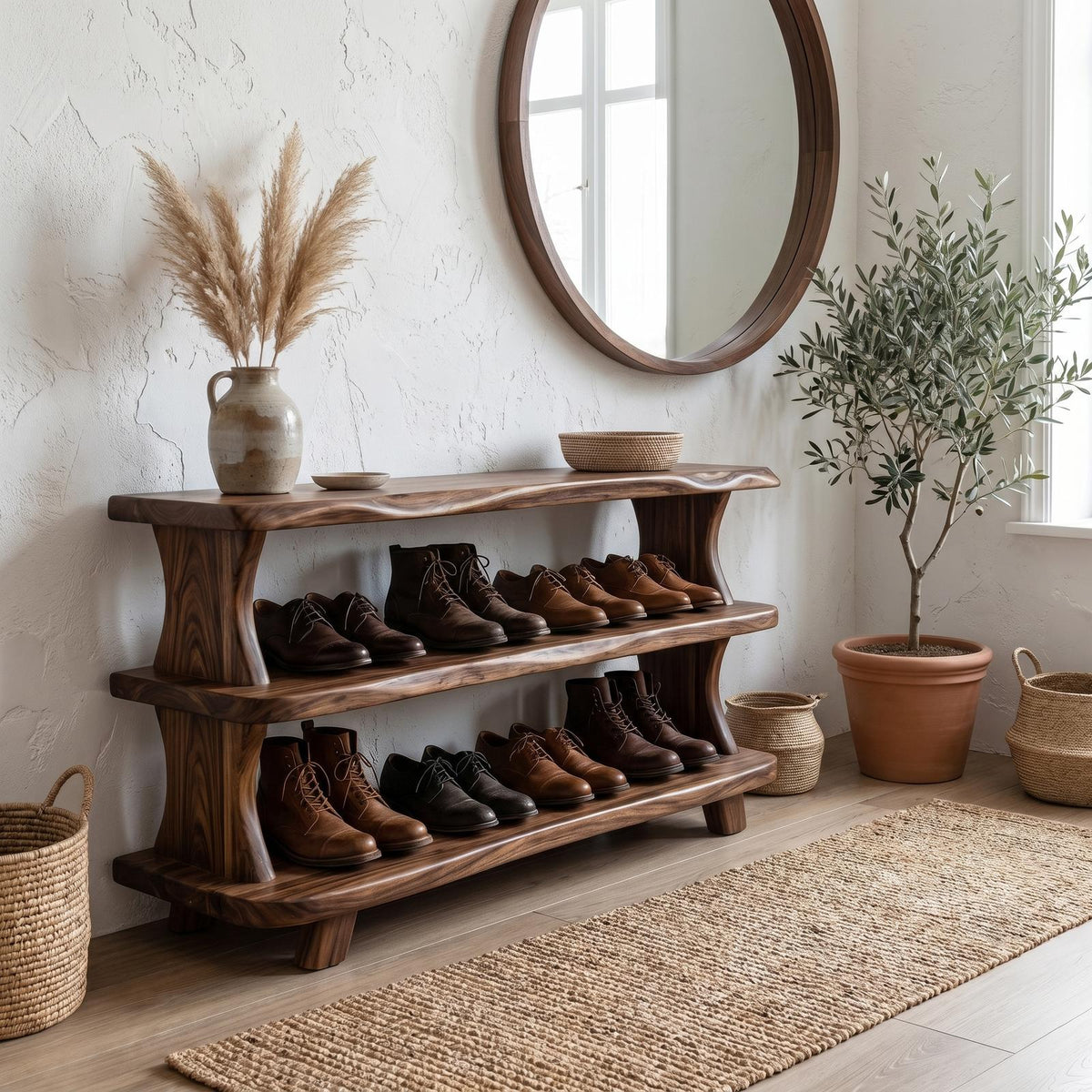 Modern Wooden Shoe Rack, Sculptural Entryway Organizer Closet Cabinet with Shelves