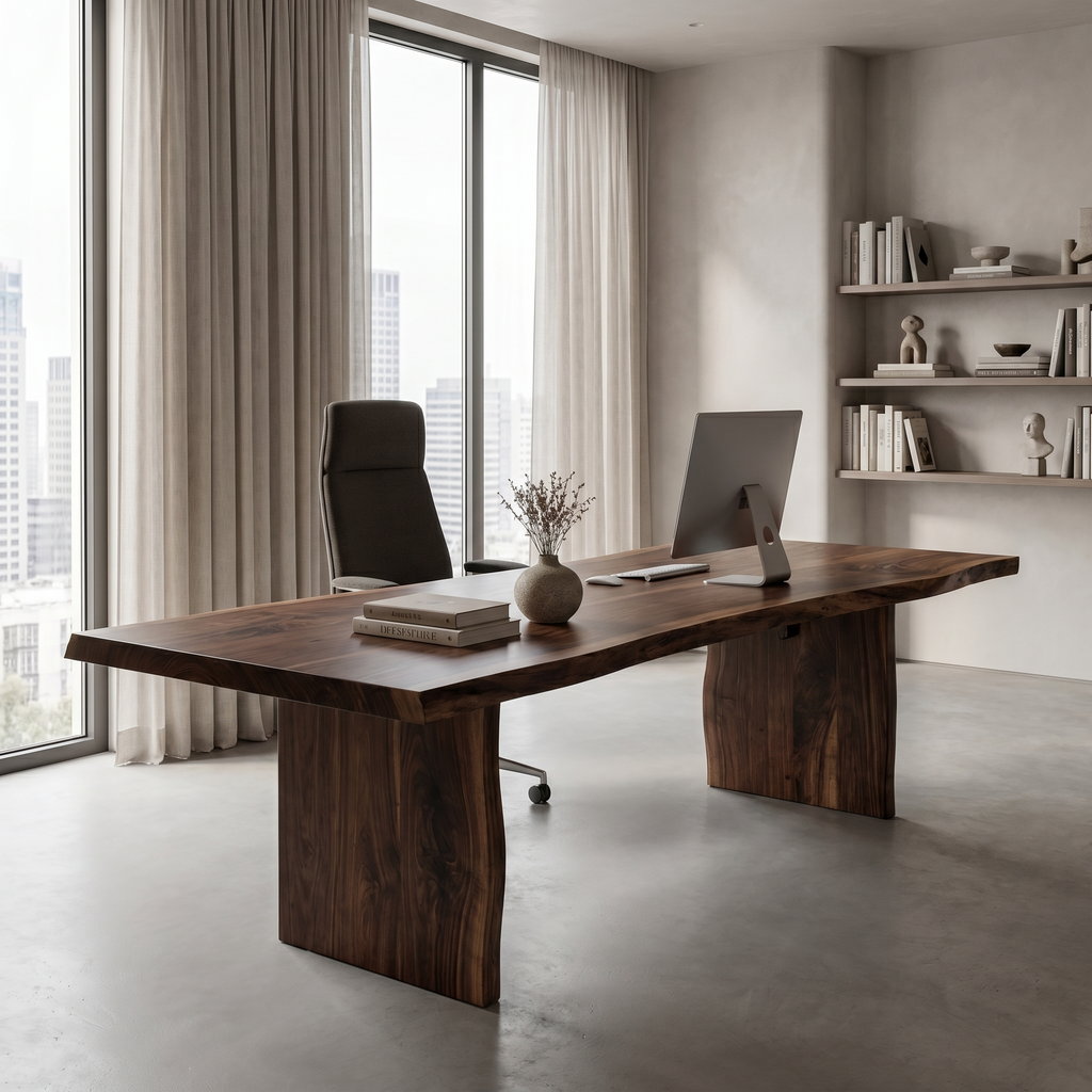 Rustic Live Edge Wooden Desk with Solid Wood Pedestal Base, Natural Edge Executive Office Computer Table