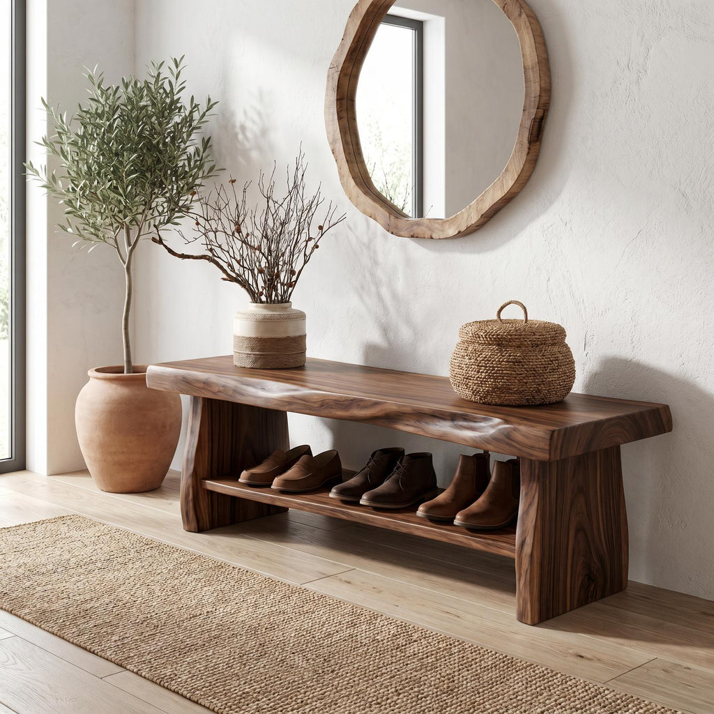 Rustic Solid Wood Shoe Bench, Natural Entryway Shoe Organizer Rack & Seat with Storage