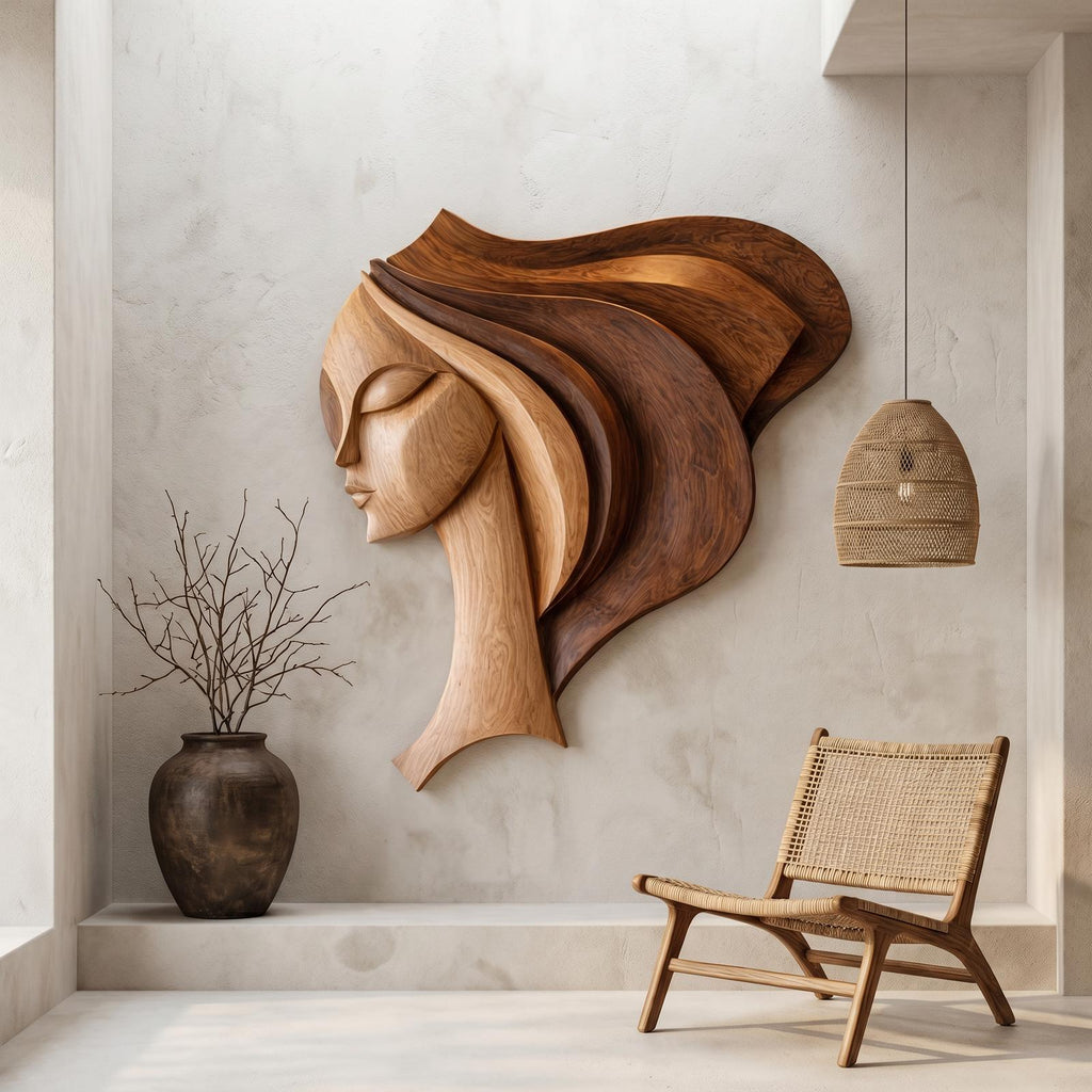 Teezano Abstract Female Face Wood Wall Art Sculpture, Handcrafted Geometric Portrait Panel for Living Room Decor, SINLHAWD068