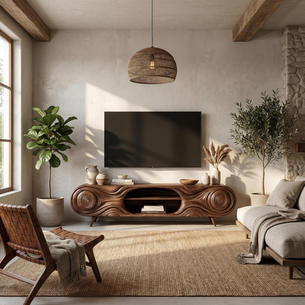 Organic Modern TV Cabinet, Handcrafted Sculptural Wood Grain Media Console Board with Storage for Living Room, Model