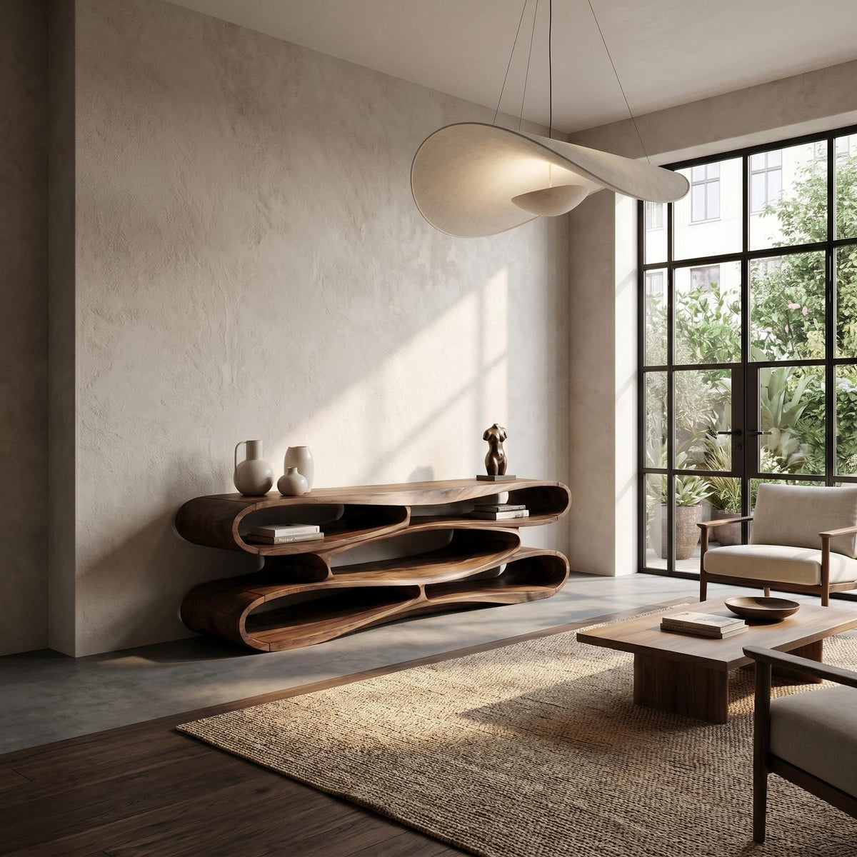 Sculptural Solid Wood TV Cabinet, Handcrafted Nature-Inspired Floating Media Console for Living Room TV Stand, Model
