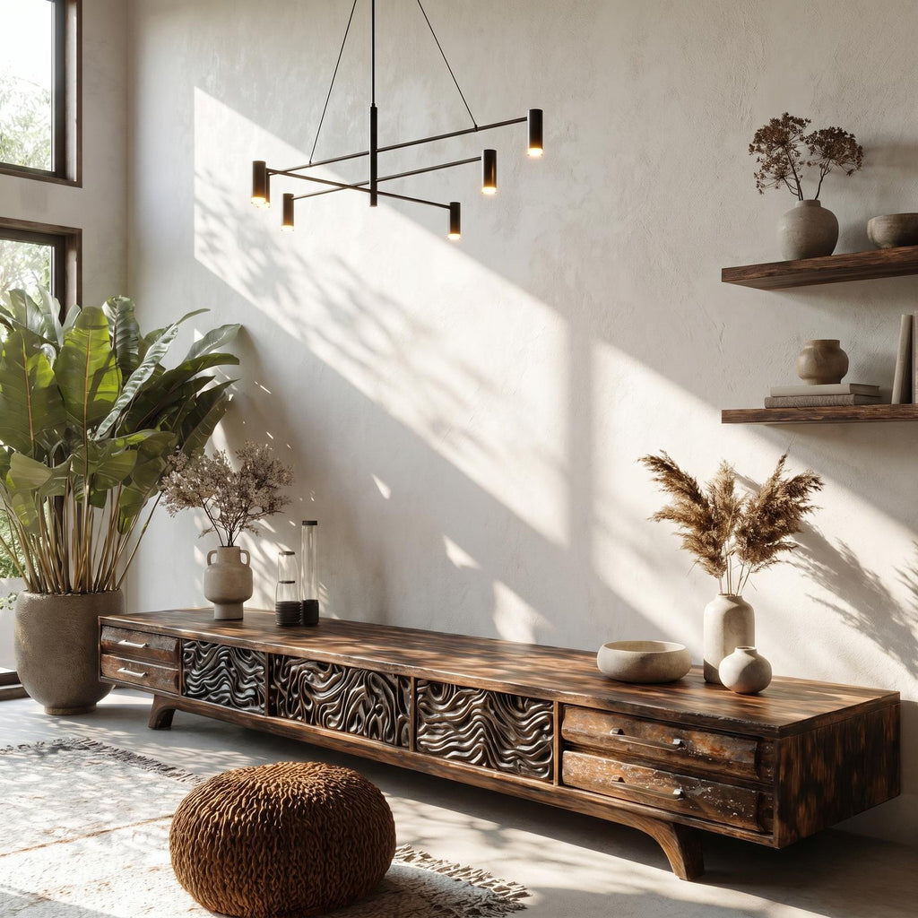 Rustic Solid Wood TV Cabinet, Handcrafted Nature-Inspired Branch Shape Media Console Table for Living Room, Model