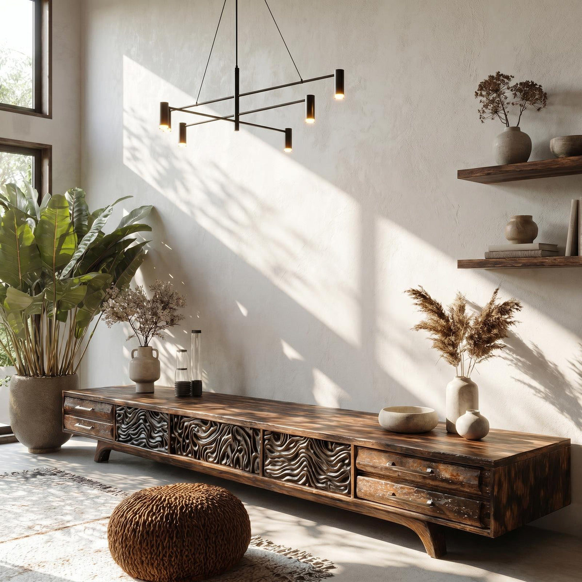Rustic Solid Wood TV Cabinet, Handcrafted Nature-Inspired Branch Shape Media Console Table for Living Room, Model