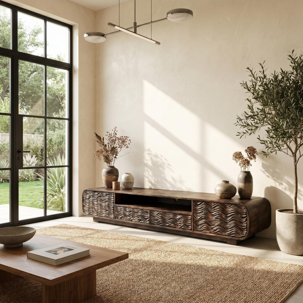 Modern Solid Wood Entertainment Center, Handcrafted Organic Wave Shaped TV Console for Living Room, Model
