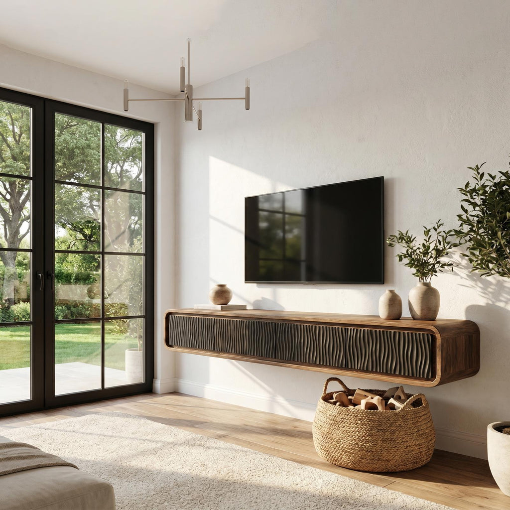Organic Modern Wall Mounted TV Cabinet, Handcrafted Solid Wood Floating Media Console Entertainment Center, Model