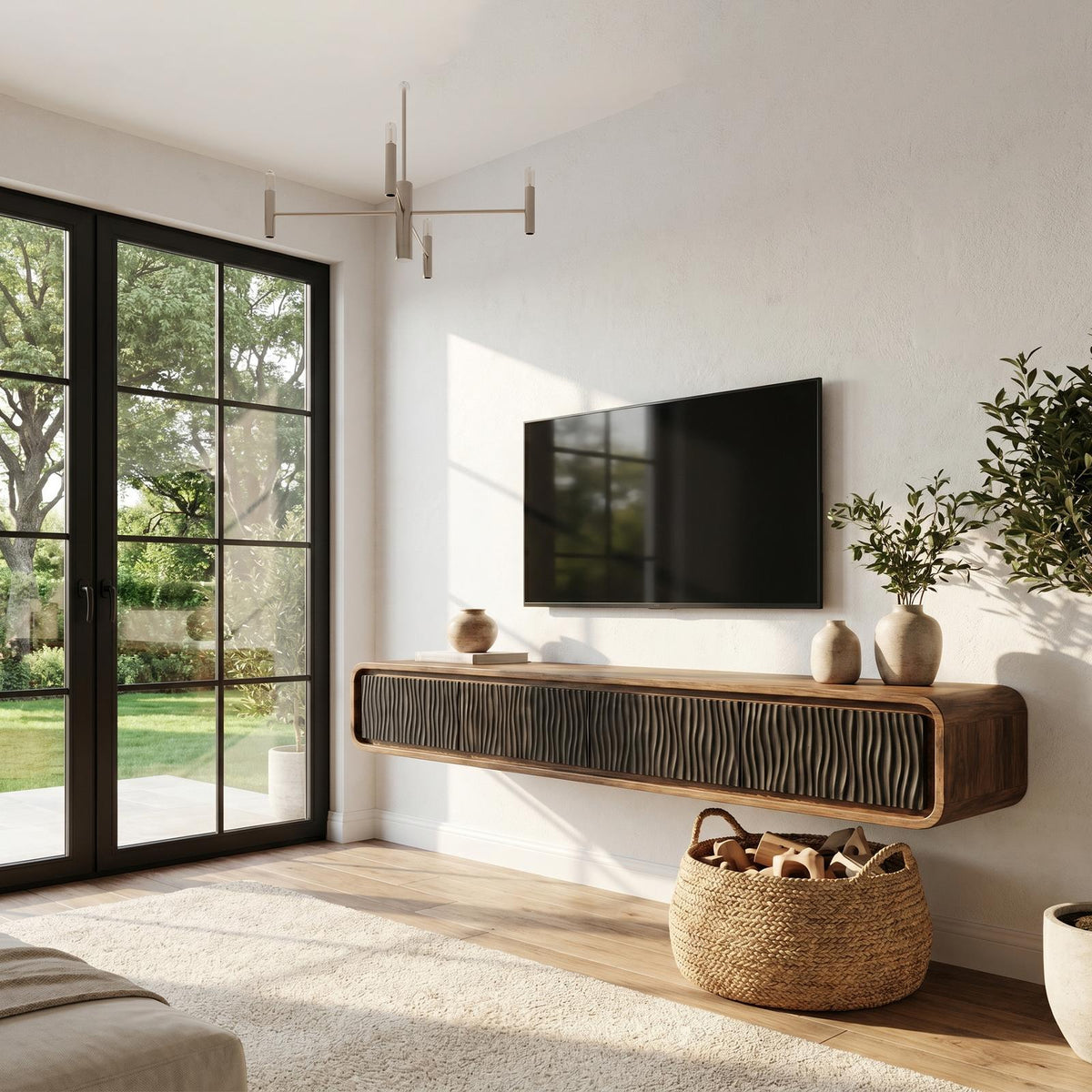 Organic Modern Wall Mounted TV Cabinet, Handcrafted Solid Wood Floating Media Console Entertainment Center, Model